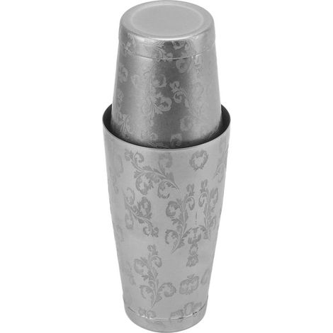 Cocktailshaker aus Edelstahl im Boston-Stil mit Blattmuster und Bodenlinie, ideal zum Mixen von Drinks zu Hause. (1/5)