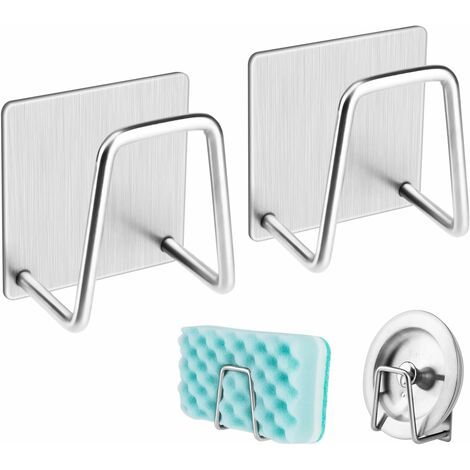 Porte-éponge adhésif Caddy pour évier Accessoires de cuisine Acier inoxydable Résistant à la rouille Résistant à l'eau Séchage rapide - 2 pièces (1/5)