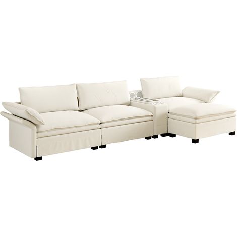 FloraGrace Canape modulaire 315 x 70 x 85 cm, chenille beige et blanc, ottoman mobile, recharge sans fil, lumiere, haut parleurs (1/5)
