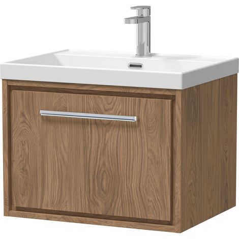 Longnor 1 Drawer Wall Hung Vanity Unit with 1 Tap Hole Thin Edge Basin, Antique Oak, 600mm (1/4)