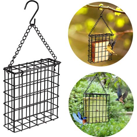 1 cage à oiseaux carrée, mangeoire à oiseaux, mangeoire extérieure en treillis métallique, suspendue avec chaîne (1/5)