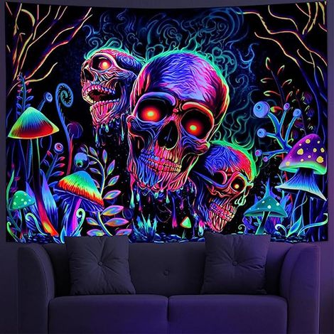 CSPARKV 200X150cm Blacklight Skull Tapestry, UV Reactive Skull Tapestry Handmade Mysterious Colorful Decorative Blacklight Tapestry with (1/5)
