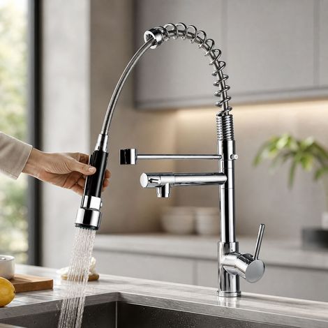 Robinet de cuisine à ressort extensible pivotant 360° mitigeur eau chaude et froide double jet chrome hauteur 540mm (1/5)