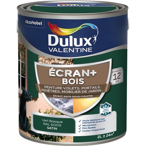 ECRAN+ BOIS - Peinture satinée pour bois extérieur - Volets, portes, fenêtres, portails - Vert Basque 2 L - Dulux Valentine
