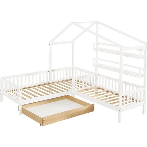 Letto a casetta per bambini in legno con cassetti e mensole, bianco, 90 x 200 cm + 140 x 70 cm (1/5)