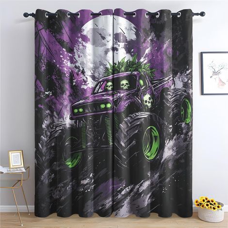 Rideau Occultant Monster Truck - Décoration Monster Truck, Rideau Thermique Motif Voiture Tête de Mort Gothique, Lot de 2 Rideaux Opaque à Oeillets pour Fenetre Chambre Salon, 140x160 cm (LxH) - 2x L (1/5)