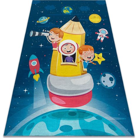 BAMBINO 42810 Waschteppich Rakete, Planeten für Kinder Anti-Rutsch - blau / braun blue 160x220 cm