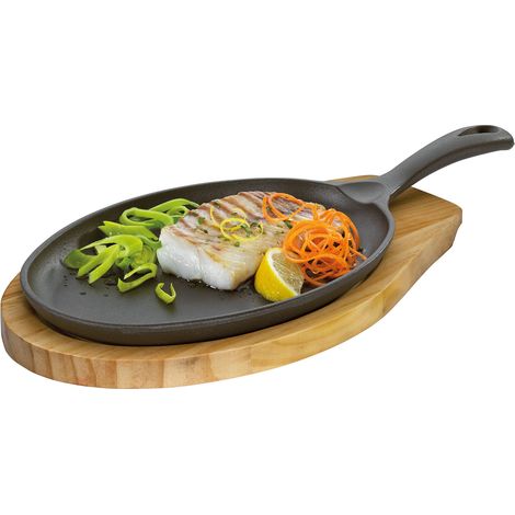 Mini teglia ovale da portata Kuchenprofi con supporto, 39 x 20 x 5 cm, ghisa/legno di pino