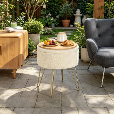 Pouf Coffre de Rangement Rond en Velours Bouclé Blanc - Repose-Pieds Chic avec Plateau de Table d'Appoint Réversible en Bois et Pieds Métal Dorés - Ø39x44cm (1/4)