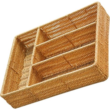 Organisateur de Clés et Couverts en Plastique Compartiments Internes, Panier Tressé Khaki pour Bureau et Tiroirs, Rangement Multifonctionnel et Design Compact (1/5)