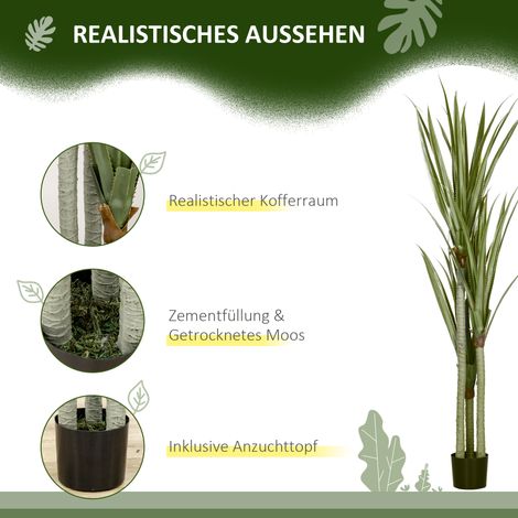 Grand yucca synthétique 190 cm en pot, plante décorative en plastique vert émeraude, dimensions 17 x 17 x 190 cm