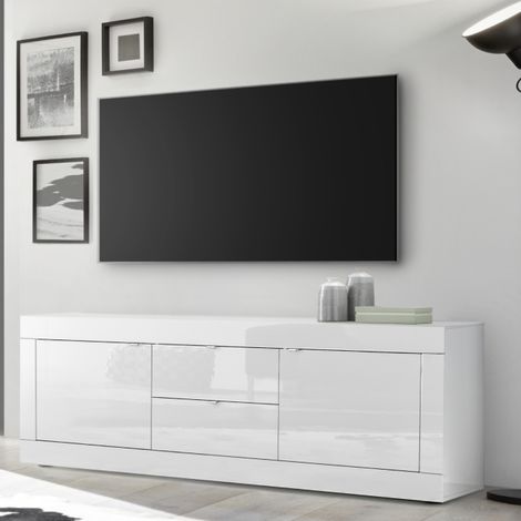 Meuble TV 2 portes - 2 tiroirs blanc laqué 210cm CALIA (1/5)