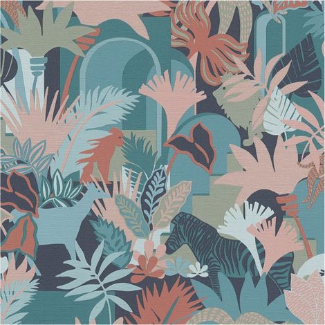 Retro wallpaper wall Profhome 390963 hot embossed non-woven wallpaper slightly textured with jungle elements matt blue red brown pearl pink teal 5,33 m2 (1/5)