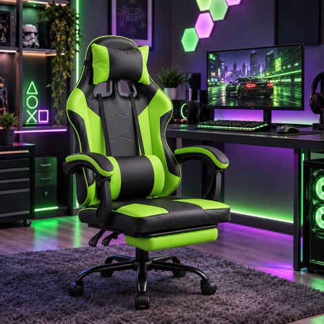 Ergonomic Gaming Chair with Footrest and Removable Pillows in Green (1/5)