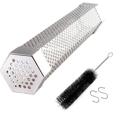 Tube fumoir à granulés pour barbecue – 12 pouces – Acier inoxydable – Portable et hexagonal – Pour le fumage de la viande – Brosse de nettoyage incluse (1/3)
