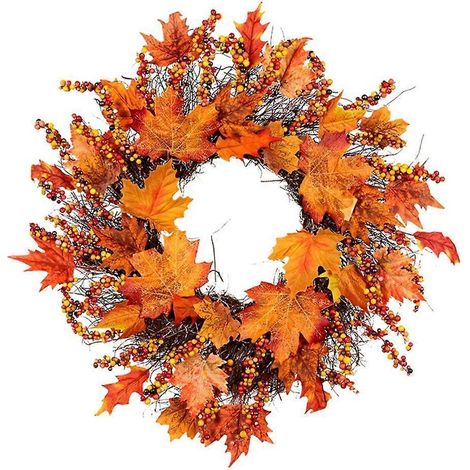 Couronne de feuilles d'érable et baies pour Thanksgiving, décoration automnale pour la porte d'entrée. (1/4)