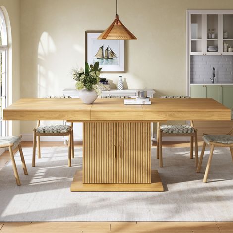 Table à manger extensible 140-180x90x75,2 cm, table de cuisine avec rangement, portes rainurées, étagères amovibles, MDF, chêne (1/5)