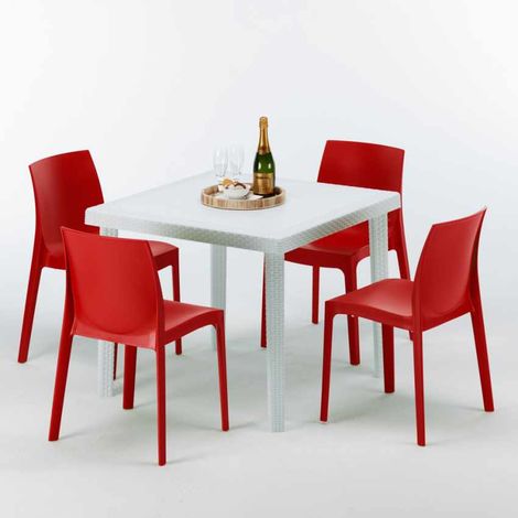 Tavolino Quadrato Bianco 90x90 cm con 4 Sedie Colorate Rome Love - Rosso