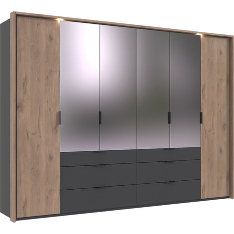 Kleiderschrank 304 cm inkl. Spiegel und Beleuchtung Passepartoutrahmen in grau mit Eiche BIELLA-43 (1/5)