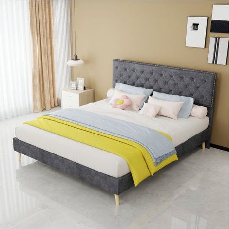 Lit Rembourré 160x200cm Tête de lit capitonnée - Lit double - Velours Gris Design moderne Espace sous lit Montage facile (1/5)