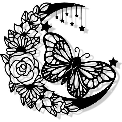 Deco Murale Metal Noire Décoration Murale de Papillon de Fleurs de Lune Sculptures Décoration Chambre des Filles Jardin Salon Salle de Bain (30 x 30 CM) (1/5)