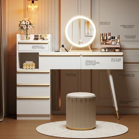 Coiffeuse Extensible avec Miroir LED et 6 Tiroirs - Table de Maquillage Blanche 100 cm
