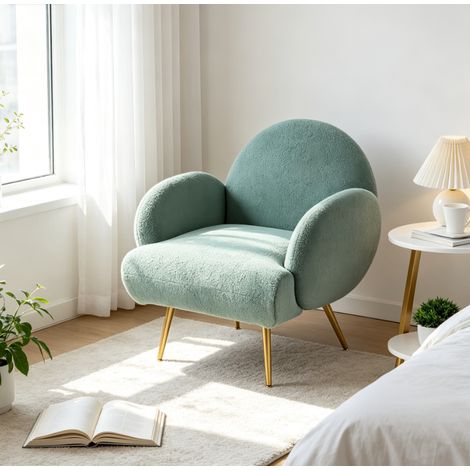 Fauteuil d'appoint sherpa vert - Fauteuil déco de salon style nordique - Fauteuil relax en tissu bouclé - Pieds métalliques dorés - Fauteuil confortable pour chambre balcon (1/5)