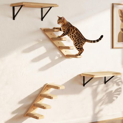 Lot de 4 murs d'escalade pour chat avec 2 marches d'escalade et 2 plates-formes de couchage, meubles muraux en pin fixés au mur, ensemble de meubles muraux pour chat d'escalade (1/5)