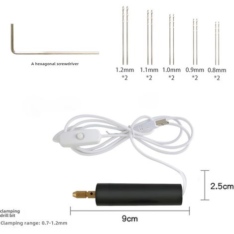 Mini taladro eléctrico tipo bolígrafo de 90x25 mm, alimentado por USB, con pinza estándar de 1,5 m para cuentas y manualidades. (1/5)