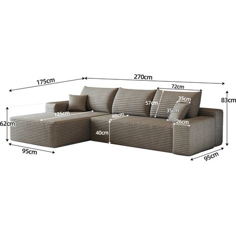 Canapé angle modulaire sans structure 270 cm méridienne L, moderne assise profonde sans montage compressé, salon chambre appartement, coloris camel (1/5)