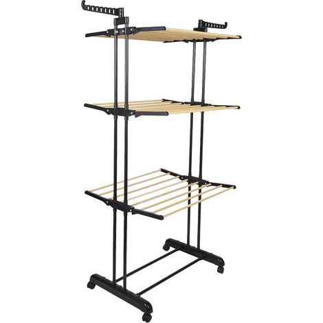 Etendoir Pliable à Roulettes 3 Niveaux Coloris Noir et Effet Bois - LINEO (1/3)