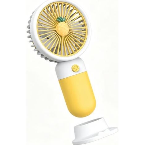 Mini ventilatore portatile a tre velocità ricaricabile tramite USB con supporto pieghevole, ideale per ufficio e viaggi, con design in legno di pino.
