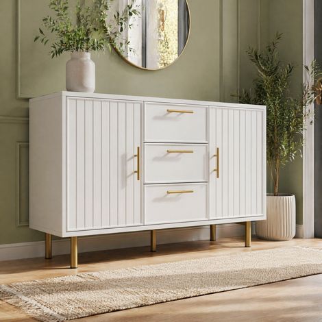 MEUBLIV Commode blanche 120x40x75 cm – 2 portes, 3 tiroirs, étagère réglable (1/5)