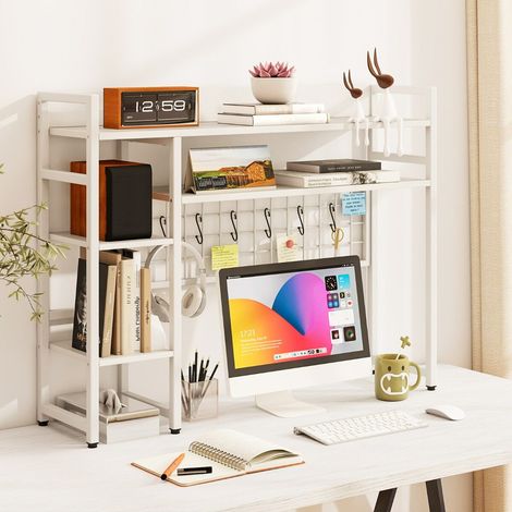 Étagère de bureau 4 niveaux avec panneau en grille métallique et 6 crochets, organisateur pour écrans d'ordinateur jusqu'à 32" - blanc (1/5)