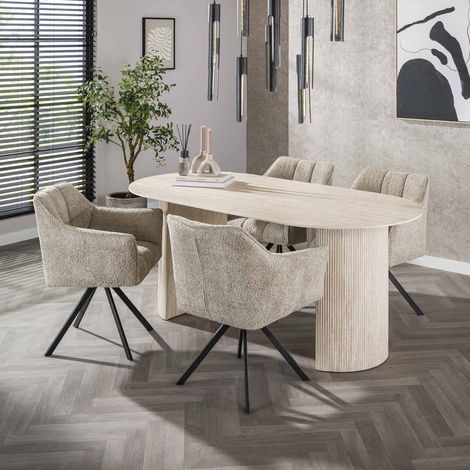 Table 180 cm en céramique beige + 4 fauteuils en tissu bouclette sable