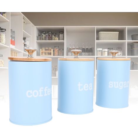 Luftdichte Aufbewahrungsbox – 3-teiliges Eisenset mit Holzdeckel für Tee, Kaffee, Zucker, Vintage-Blau (1/5)