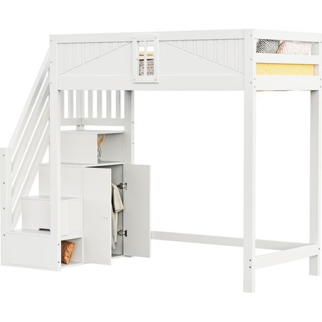Lit Mezzanine Blanc 90x200cm avec Rangement, Échelle, Barrière de Sécurité, Fenêtre, Gain de Place - Bois massif - pour Enfant Ado (1/5)