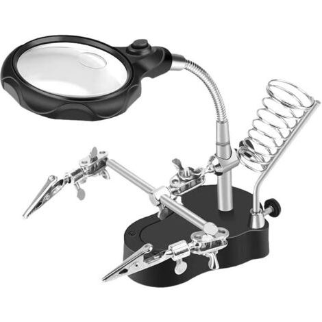 QORVA-Troisieme Main Maquette avec Lampe Etabli LED, Loupe et Support Fer à Souder - Loupe 3X / 5X - 3 eme Main Ajustable avec Pinces Crocodiles - Réparation Bijoux et Électroniques