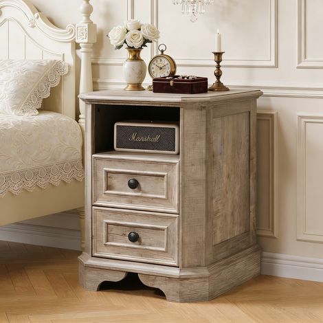 Table de chevet bois Style Farmhouse 18" avec Station de Charge, Meuble d'Appoint à 2 Tiroirs pour Chambre & Salon - Panneau de Particules Chêne Rustique Clair (1/5)