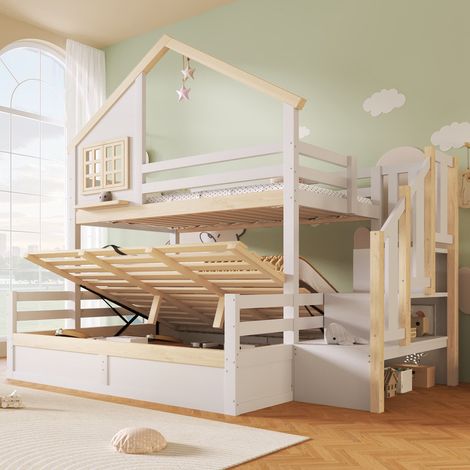 Lit superposé 90x200 et 140x200 cm, Lit Mezzanine avec Hydraulique, Barrière, échelle Rangement, décoration maison/fenêtre, Lit Enfant en Bois, Blanc (1/5)