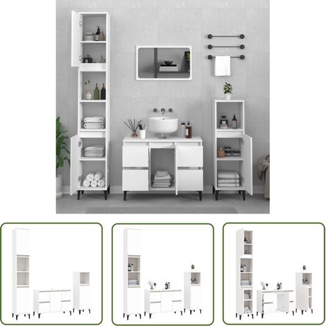 The Living Store 3-tlg. Badmöbel-Set Weiß Holzwerkstoff - Badmöbel-Set - Badezimmermöbel - Waschtischschrank - Spiegelschrank - Handtuchhalter (1/5)