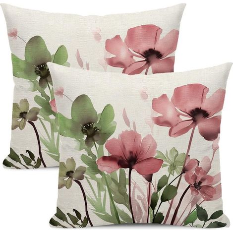 Rosa Kissenbezug mit Blumenmuster, Landhausstil, Frühling/Sommer, Leinenmischung, ideal für Wohnzimmer, Sofa und Garten, mit verdecktem Reißverschluss, 45 x 45 cm