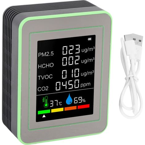 Compteur de qualité de l'air 6 en 1, CO2 PM2.5 HCHO TVOC, testeur de détection intelligent de température et d'humidité, alimenté par batterie, noir et vert (1/5)