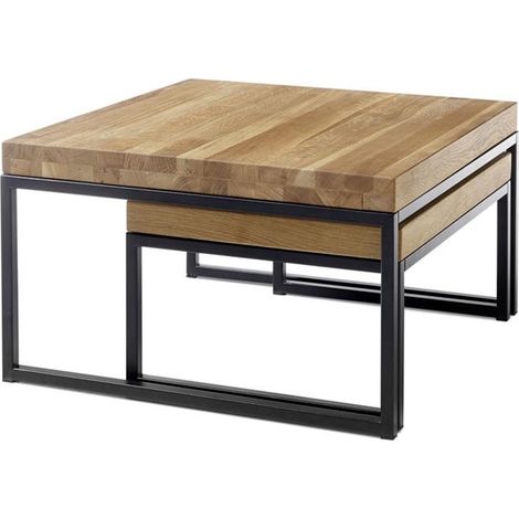 Lot de 2 tables d'appoint gigognes en chêne massif / noir -PEGANE- (1/4)