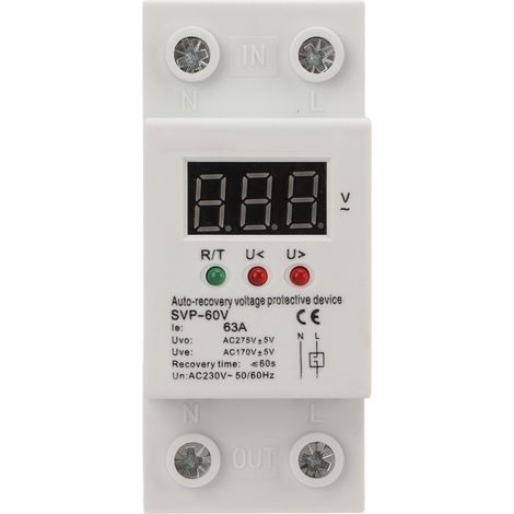 Dispositif de protection contre les surtensions et les sous-tensions monophasé à récupération automatique 230 V avec affichage numérique LED, 63 A (1/5)
