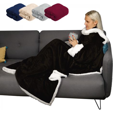 Couverture polaire, plaid intégral avec manches et poche - 140 x 210 cm - Sherpa et flanelle - Adulte - Noir - Vivezen