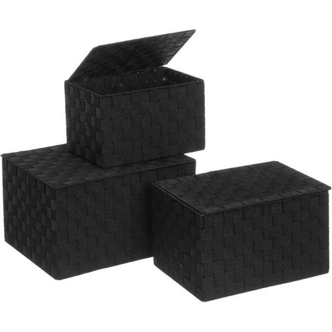 Ensemble 3 paniers de rangement - JUANIO - Avec couvercles - Empilable - Noir - Polypropylène (1/3)