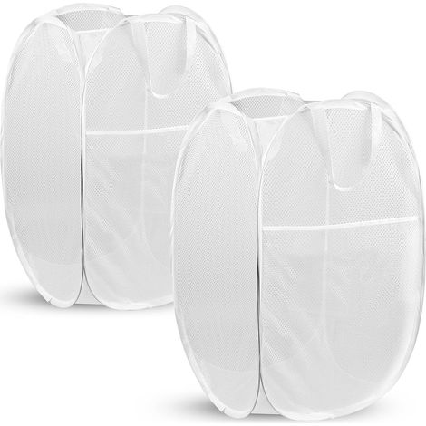 Panier à linge pliable en filet pratique avec poches latérales - respirant, pliable et peu encombrant (blanc lot de 2)
