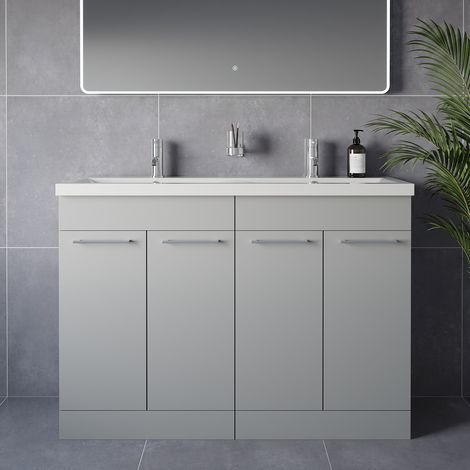 Napoli 390 Gloss Grey Pearl 1200mm 4 Door Vanity Unit with Double Glide Basins - 1200mm - Chrome 160mm Handle
