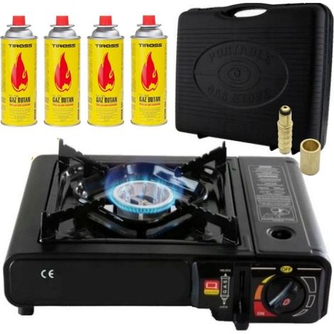 SET DI SOPRAVVIVENZA CON FORNELLO A GAS PORTATILE DA TURISMO + 4 CARTUCCE DI GAS